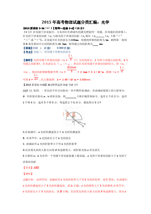 2015年高考物理试题分类汇编：光学-推荐下载