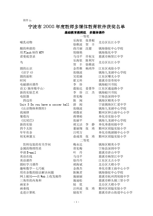 宁波市2008年度教师多媒体教育软件获奖名单