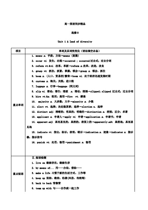专题01 A land of diversity (预)-高二英语同步精品课堂(基础版) (选修8) Word版含解析