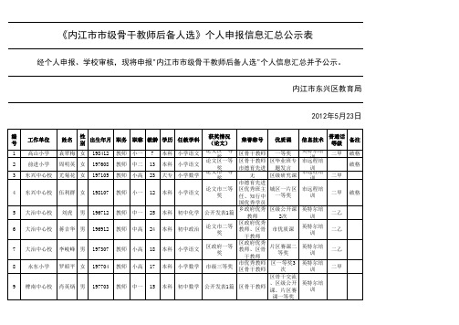 《内江市市级骨干教师后备人选》个人申报信息汇总公示表