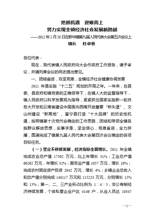 新华镇人民政府工作报告(2012年2月)
