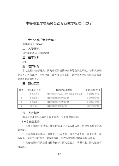 中等职业学校商务英语专业教学标准(试行)