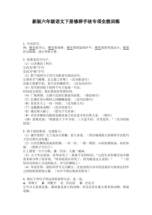 新版六年级语文下册修辞手法专项全能训练