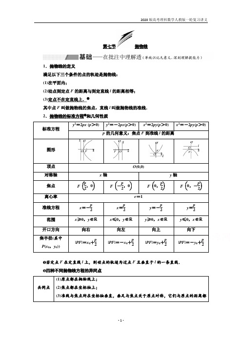 2020届高考理科数学一轮复习第9章 第7节 抛物线含答案
