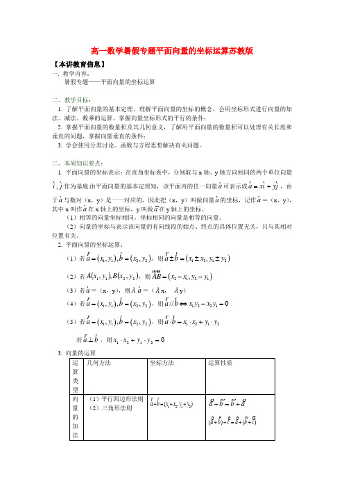 高一数学暑假专题平面向量的坐标运算苏教版知识精讲