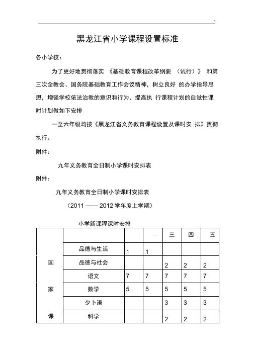 黑龙江地区小学课程设置规范标准