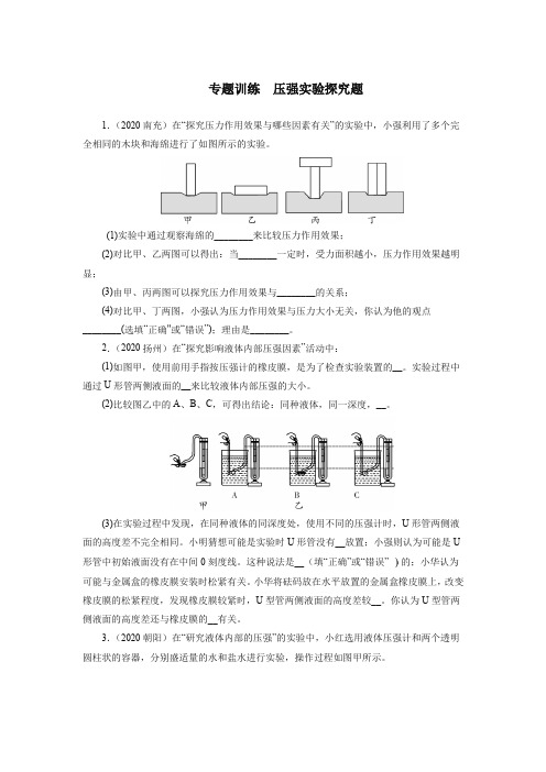  压强实验探究2020-2021学年人教版物理八年级下册期末专题训练 