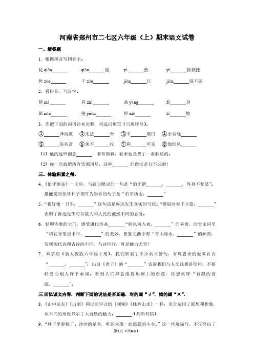 河南省郑州市二七区六年级(上)期末语文试卷