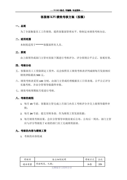 快递公司客服部绩效考核方案