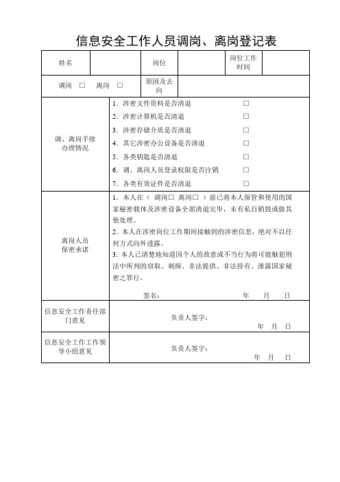 信息安全工作人员调岗、离岗登记表11