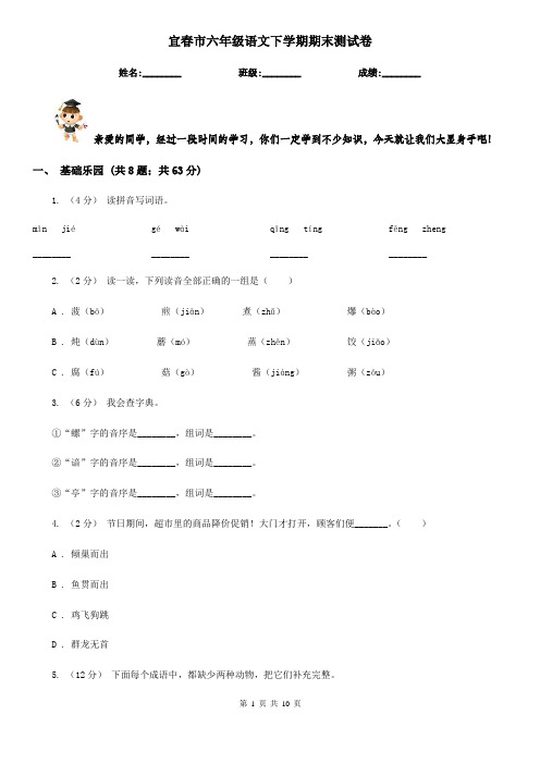 宜春市六年级语文下学期期末测试卷 