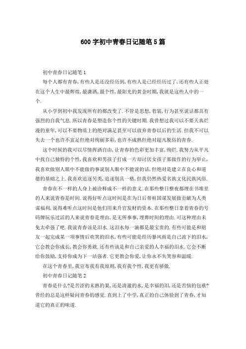 600字初中青春日记随笔5篇