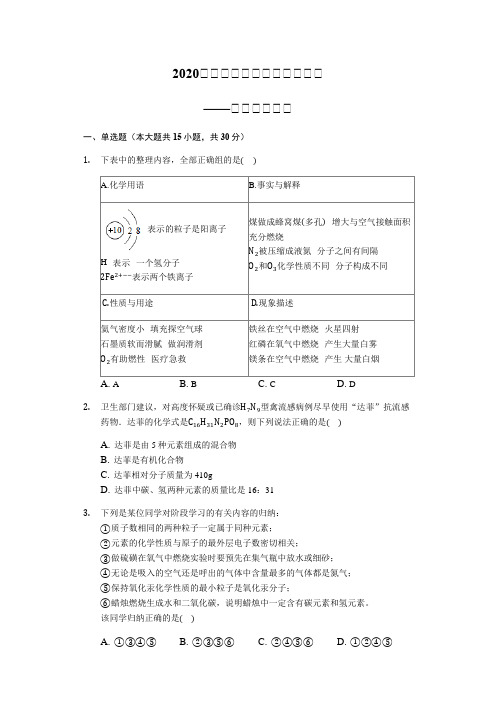 2020届九年级中考化学对点复习——微粒构成物质