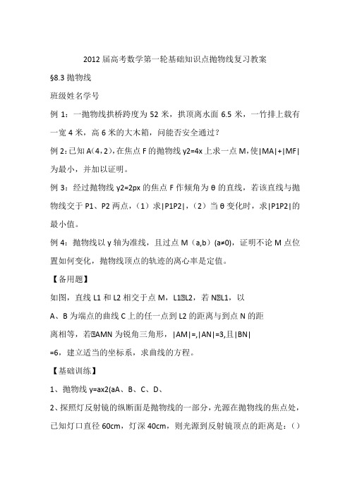 2012届高考数学第一轮基础知识点抛物线复习教案