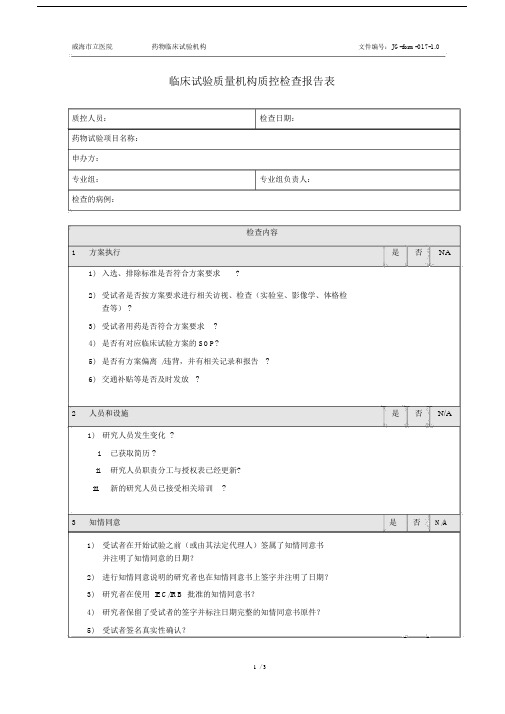 临床试验质量机构质控检查报告表.doc