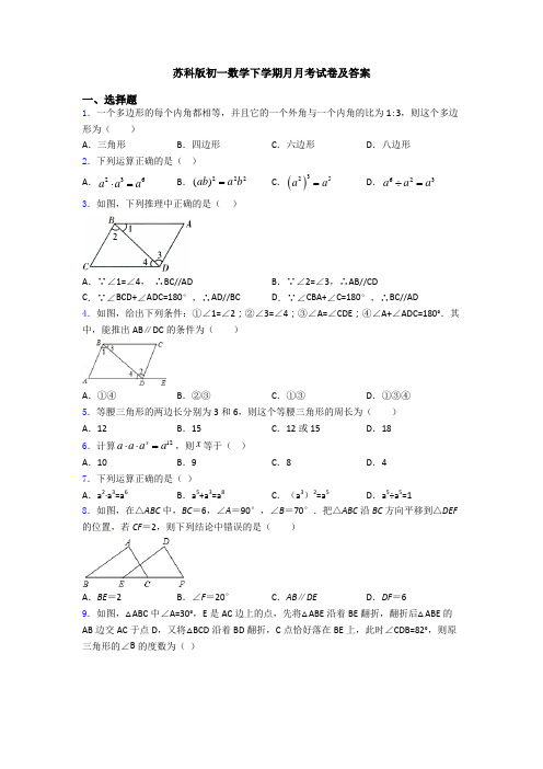 苏科版初一数学下学期月月考试卷及答案