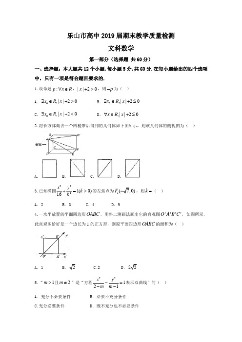 四川省乐山市2017-2018学年高二上学期期末教学质量检测数学文试题Word版含答案