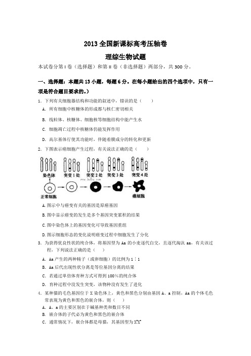 2013全国新课标高考压轴卷理科综合能力测试生物卷1(解析版)