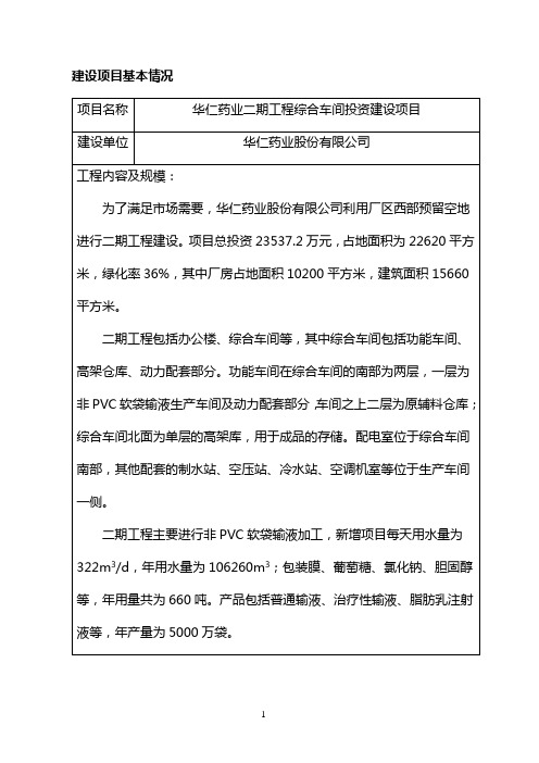 华仁药业二期工程综合车间投资建设项目环境影响报告表