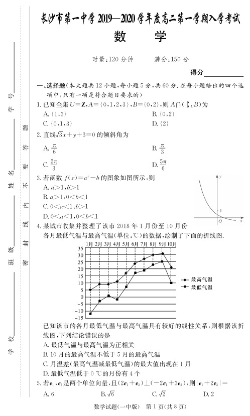 【全国百强名校】长沙市一中高二入学考试试卷-数学(附答案)