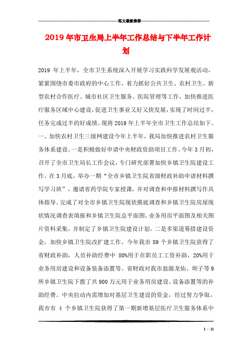 2019年市卫生局上半年工作总结与下半年工作计划