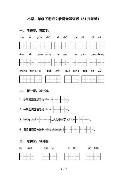 小学二年级下册语文看拼音写词语(A4打印版)