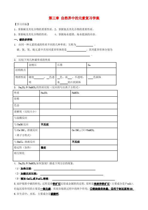 山东省高密市第三中学高中化学 第三章 自然界中的元素复习导学案(无答案)鲁科版必修1