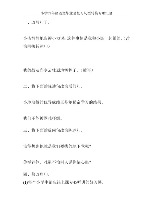 小学六年级语文毕业总复习句型转换专项汇总115