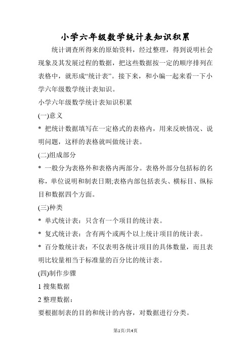 小学六年级数学统计表知识积累