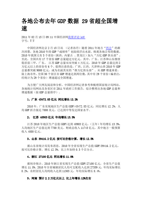 2010各地公布去年GDP数据