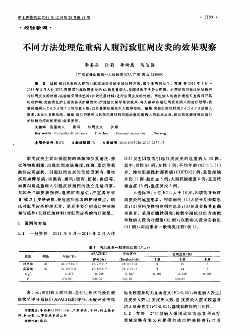 不同方法处理危重病人腹泻致肛周皮炎的效果观察
