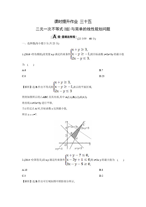 【世纪金榜】高考数学(文科,全国通用)一轮总复习练习：6.2二元一次不等式(组)(含答案解析)