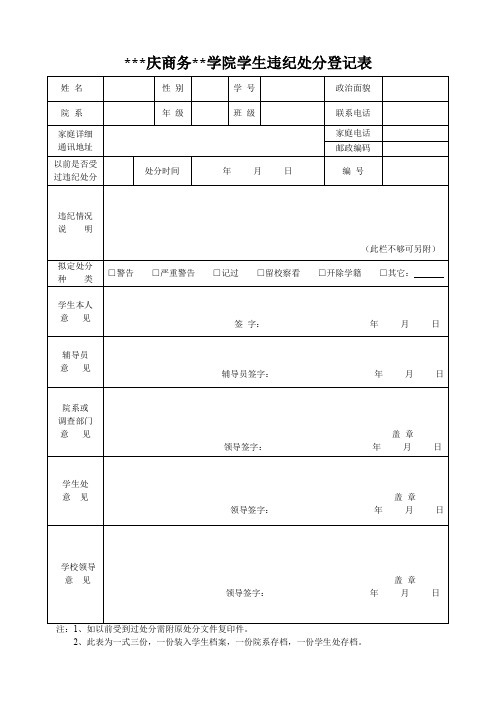 重庆商务职业学院学生违纪处分登记表【模板】
