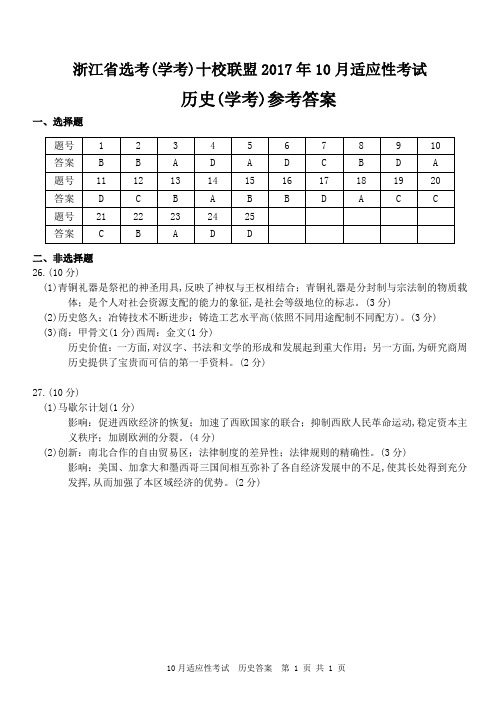 2017年10月浙江省选考(学考)十校联盟适应性考试高2018届高2015级高三联考历史试题历史(学考)答案