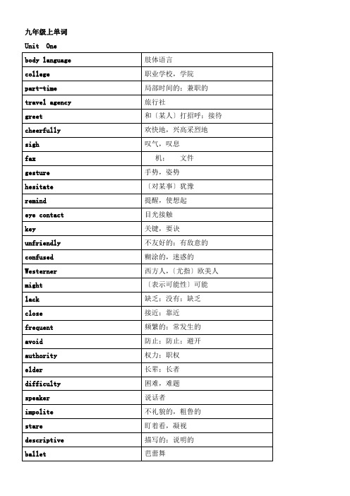 广州初中英语9a英语单词和辞汇表格版 