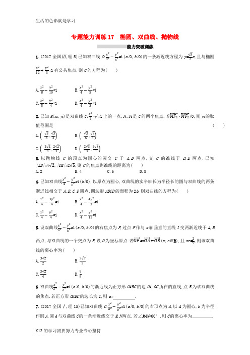 [推荐学习]新课标2018届高考数学二轮复习专题六直线圆圆锥曲线专题能力训练17椭圆双曲线抛物线理