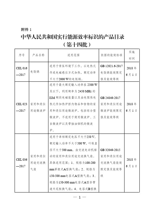 实行能源效率标识的产品目录第十四批
