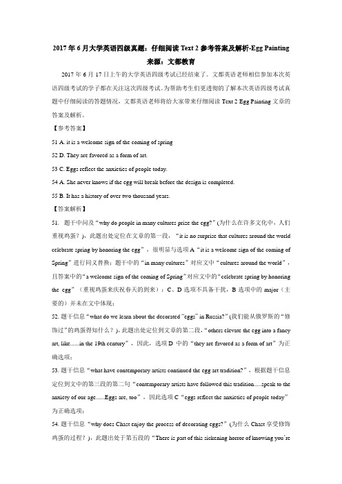 2017年6月大学英语四级真题：仔细阅读Text 2参考答案及解析-Egg Painting