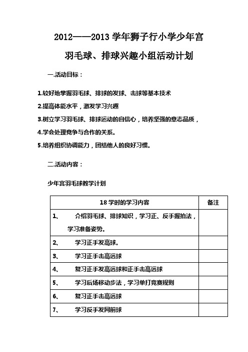 2012——2013学年狮子行小学少年宫羽毛球、排球兴趣小组活动计划