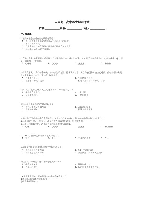 云南高一高中历史期末考试带答案解析
