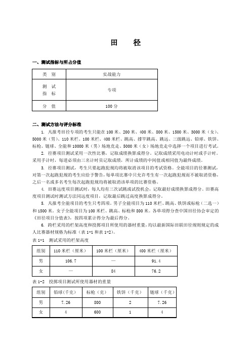 北京体育大学本科入学考试评分标准