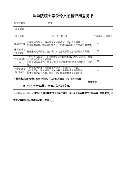 法学院硕士学位论文初稿评阅意见书【模板】