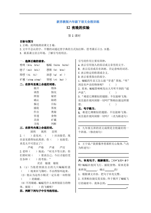 【精品】新苏教版六年级下语文全程训练及答案-12 夜晚的实验 第1课时