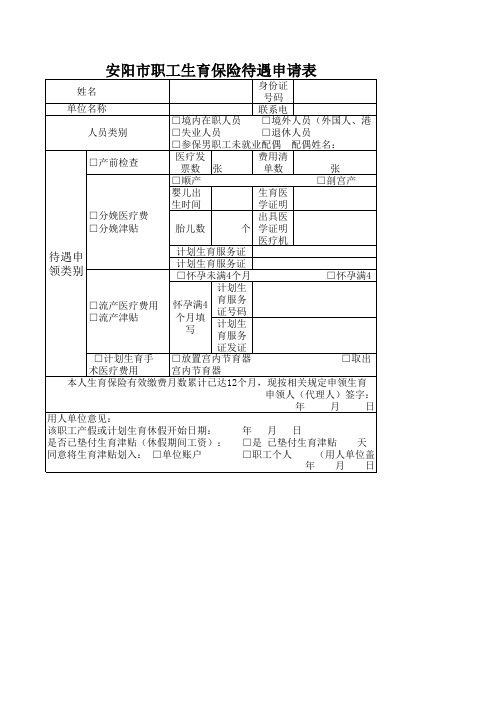 安阳市职工生育保险待遇申请表