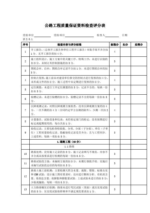 公路工程质量保证资料检查评分表