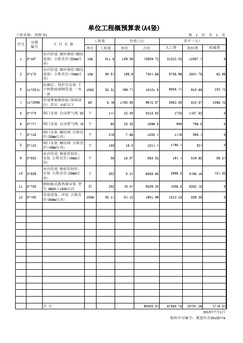 单项概预算表暖气改造工程