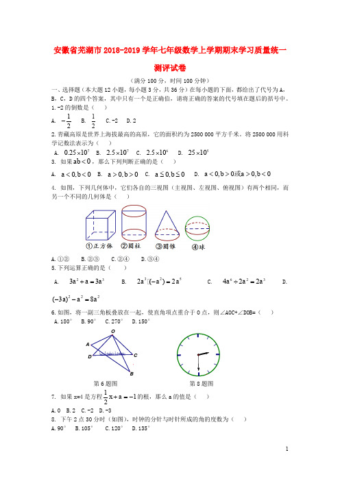 安徽省芜湖市2018_2019学年七年级数学上学期期末学习质量统一测评试卷