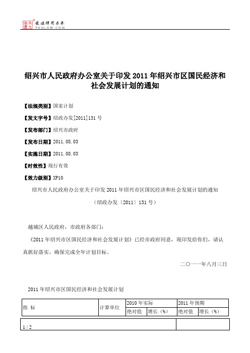 绍兴市人民政府办公室关于印发2011年绍兴市区国民经济和社会发展