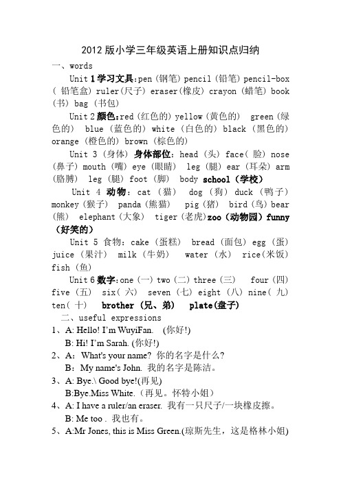 2012版小学三年级英语知识点归纳