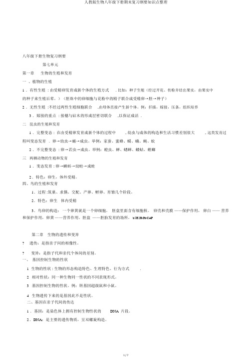 人教版生物八年级下册期末复习提纲知识点整理